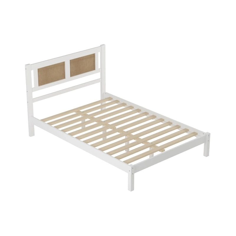 White Full Platform Bed with Natural Rattan Headboard