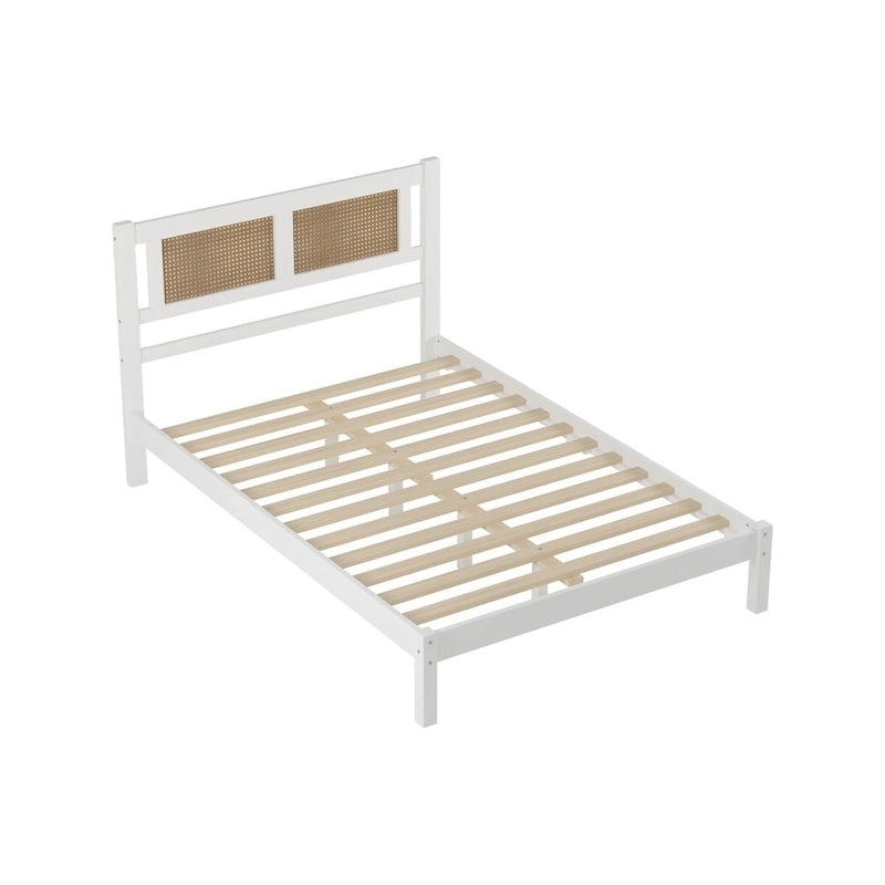 White Full Platform Bed with Natural Rattan Headboard