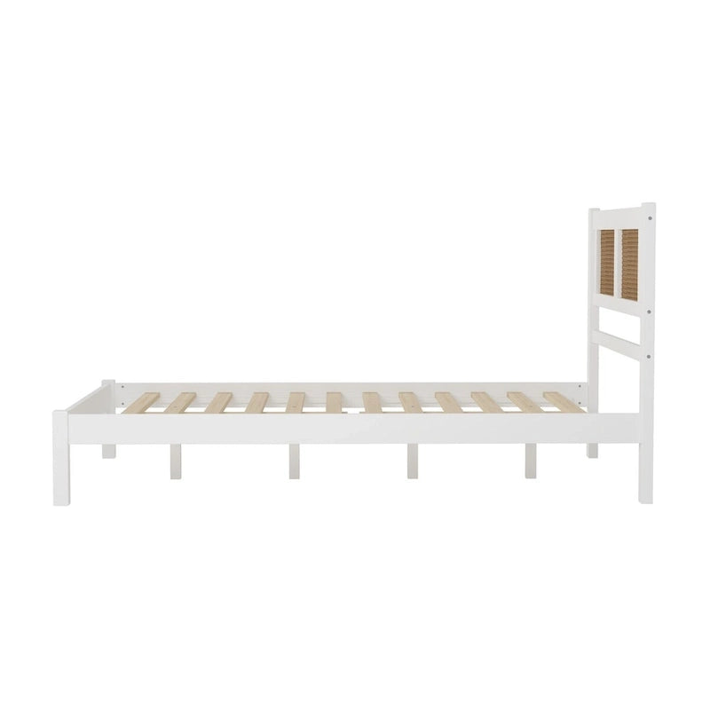 White Full Platform Bed with Natural Rattan Headboard