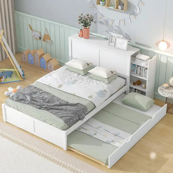 Storage Platform Bed with Pull Out Shelves and Trundle