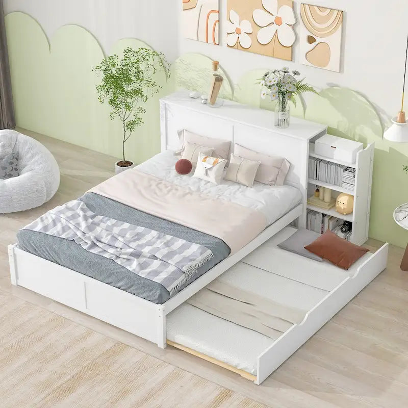 White Full Storage Platform Bed with Pull-Out Shelves and Twin Trundle