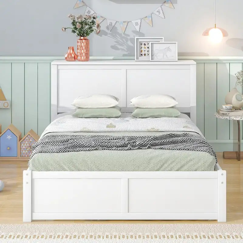 White Full Storage Platform Bed with Pull-Out Shelves and Twin Trundle