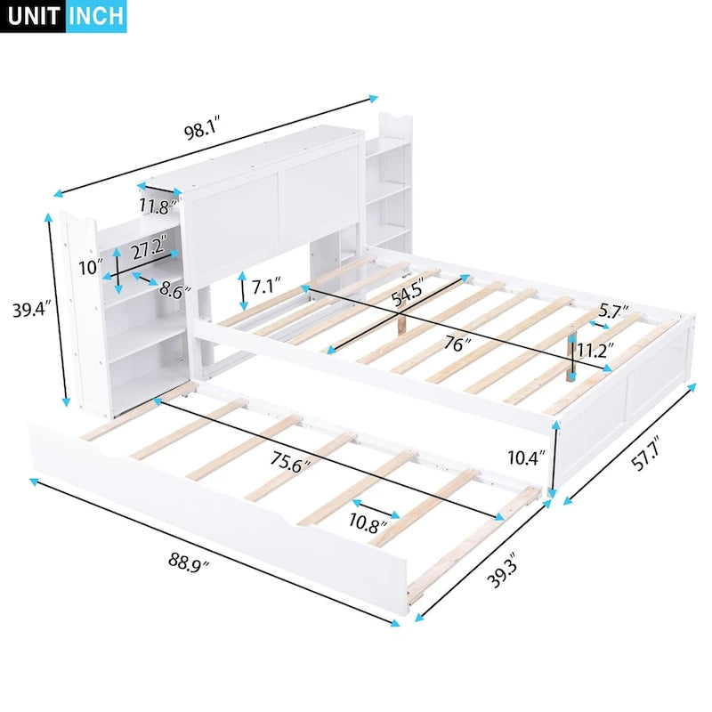 White Full Storage Platform Bed with Pull-Out Shelves and Twin Trundle