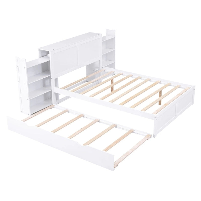 White Full Storage Platform Bed with Pull-Out Shelves and Twin Trundle