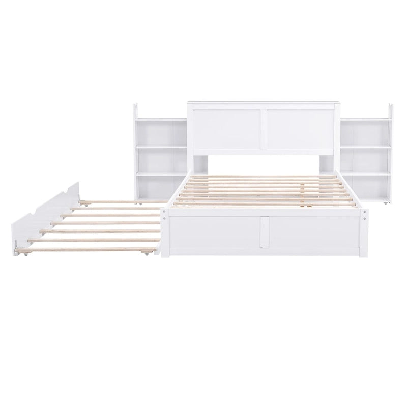 White Full Storage Platform Bed with Pull-Out Shelves and Twin Trundle
