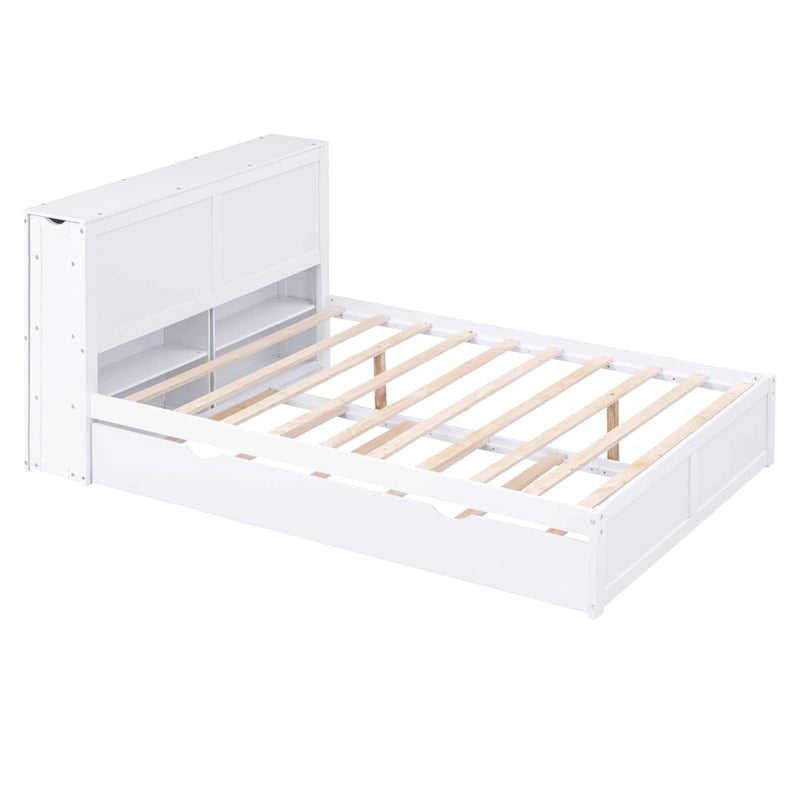 White Full Storage Platform Bed with Pull-Out Shelves and Twin Trundle
