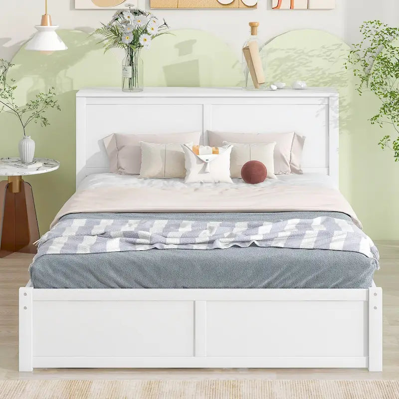 White Full Storage Platform Bed with Pull-Out Shelves and Twin Trundle