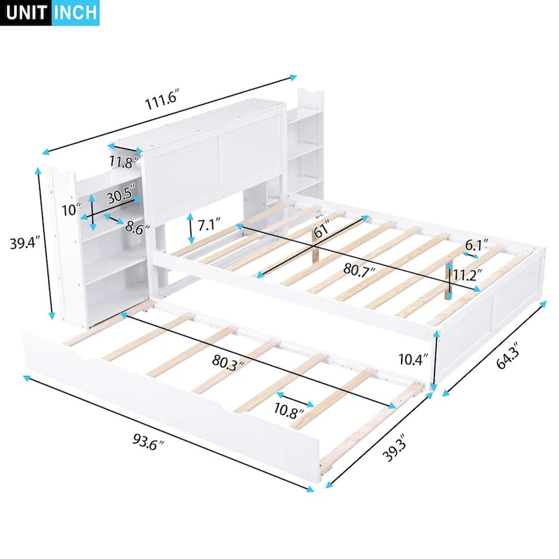White Full Storage Platform Bed with Pull-Out Shelves and Twin Trundle