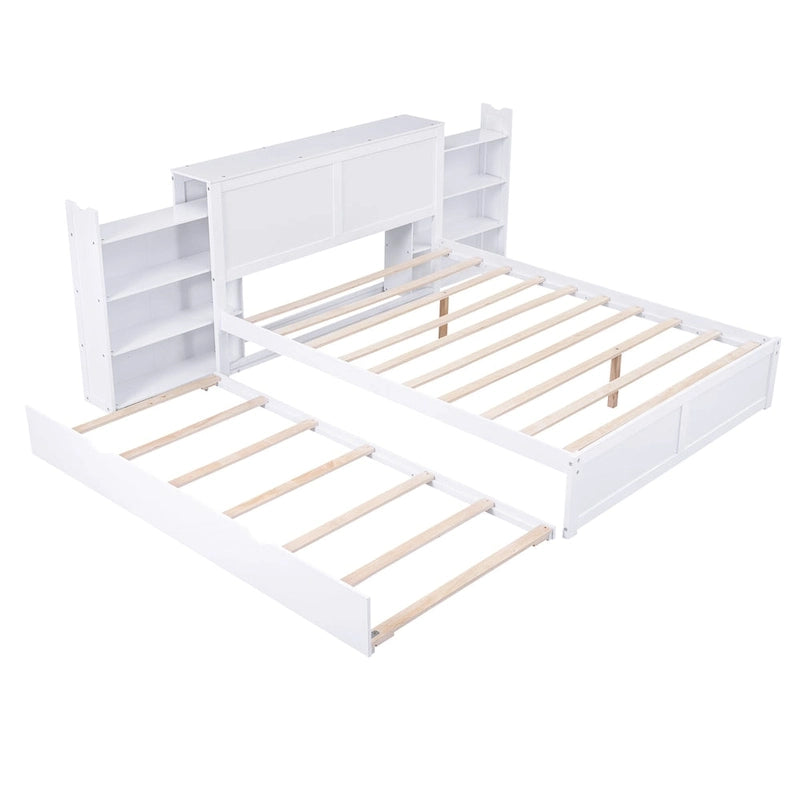White Full Storage Platform Bed with Pull-Out Shelves and Twin Trundle