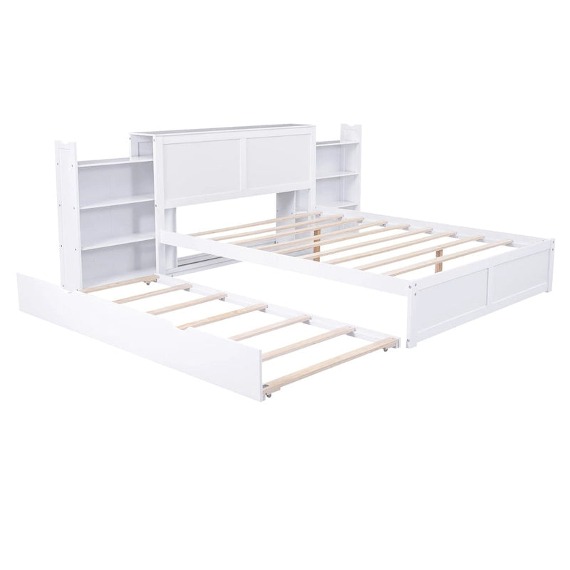 White Full Storage Platform Bed with Pull-Out Shelves and Twin Trundle