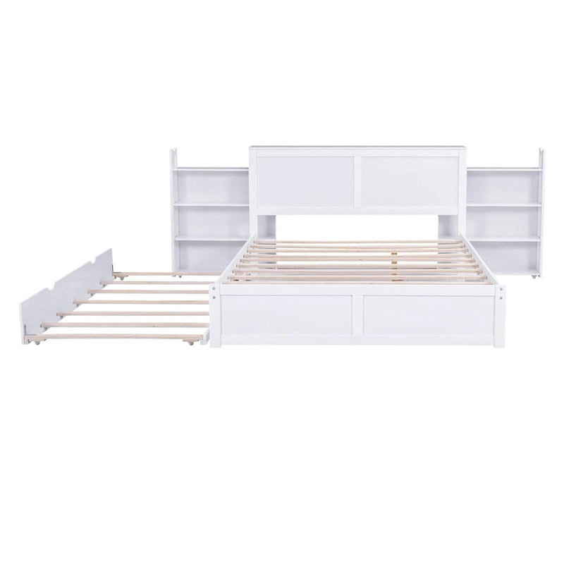 White Full Storage Platform Bed with Pull-Out Shelves and Twin Trundle