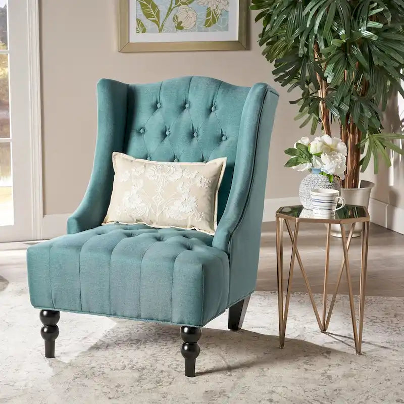 Tufted Upholstered Wingback Chair with Birch Wood Legs