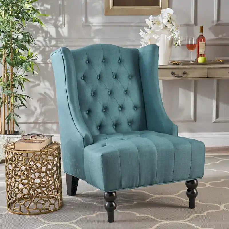 Tufted Upholstered Wingback Chair with Birch Wood Legs