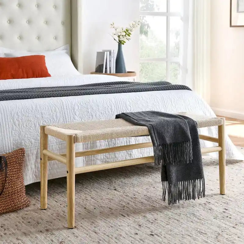 Natural Rubberwood Indoor Bench with Woven Rope Detailing