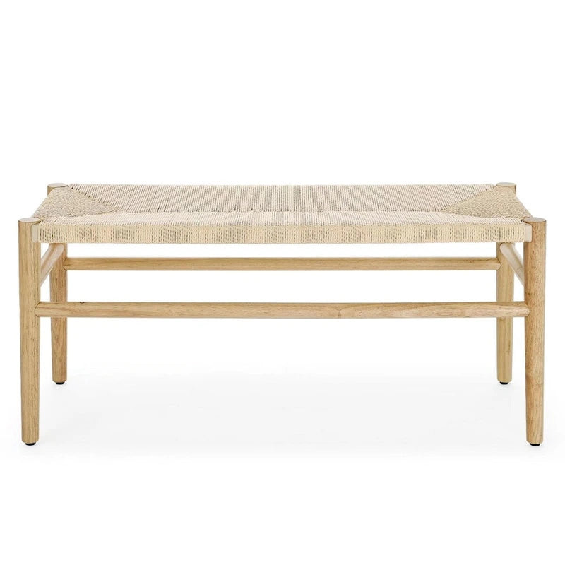 Natural Rubberwood Indoor Bench with Woven Rope Detailing