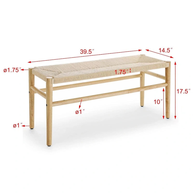 Natural Rubberwood Indoor Bench with Woven Rope Detailing