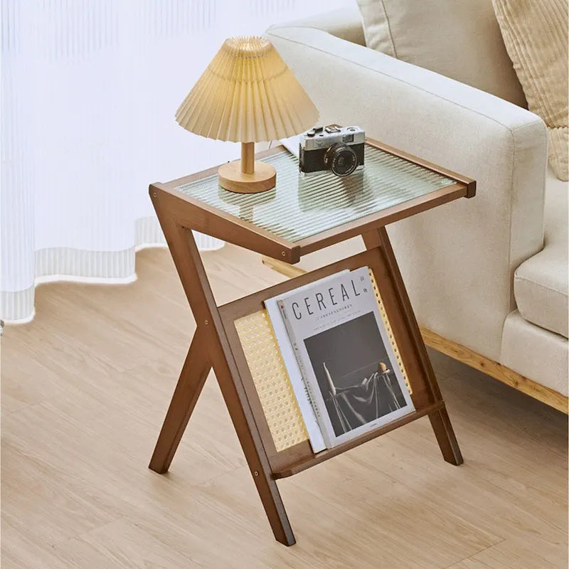 Bamboo Glass Top End Table, Accent Side Table w/ Storage Rack