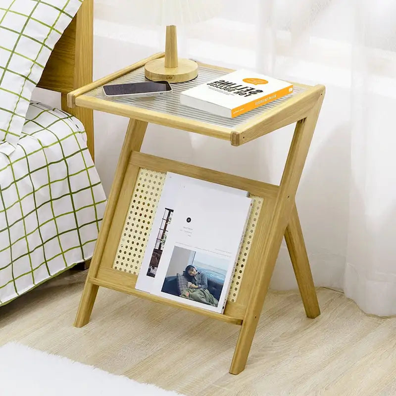Bamboo Side Table with Corrugated Glass Top and Magazine Rack