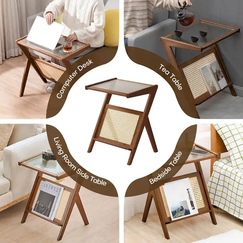 Bamboo Side Table with Corrugated Glass Top and Magazine Rack