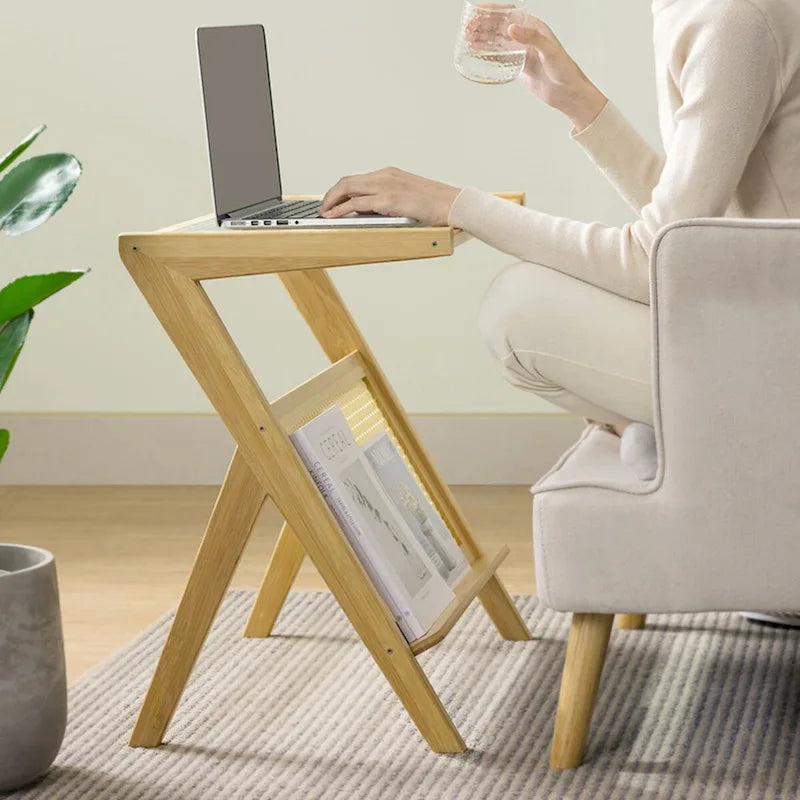 Bamboo Side Table with Corrugated Glass Top and Magazine Rack