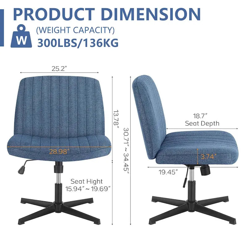 Wide Armless Swivel Desk Chair with Wheels and Adjustable Height