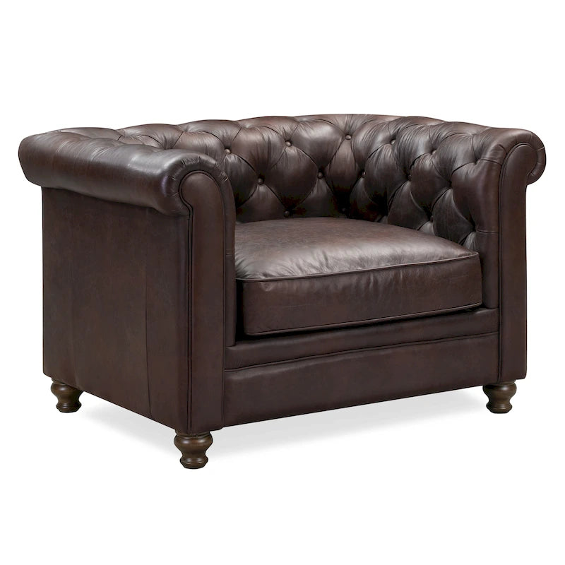 Tufted Italian Leather Lounge Chair with Rolled Arms