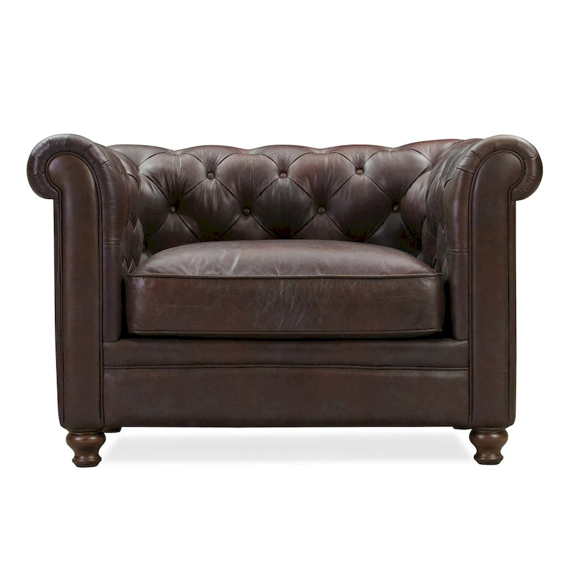 Tufted Italian Leather Lounge Chair with Rolled Arms