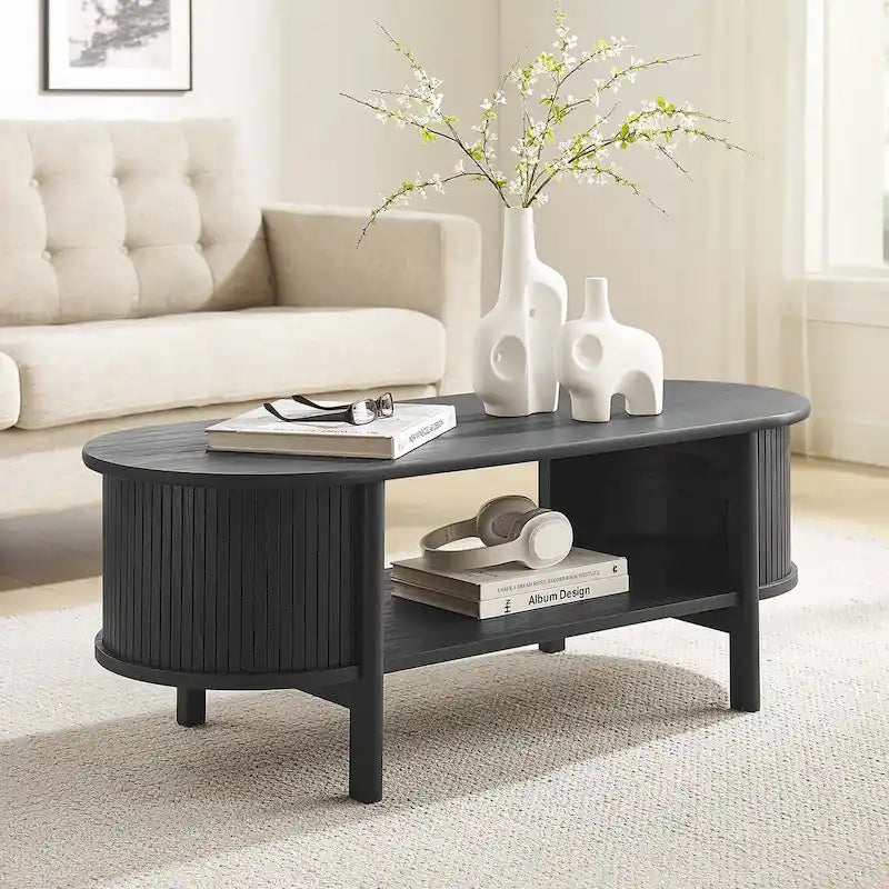 Oval Fluted Coffee Table with Open Storage Shelf