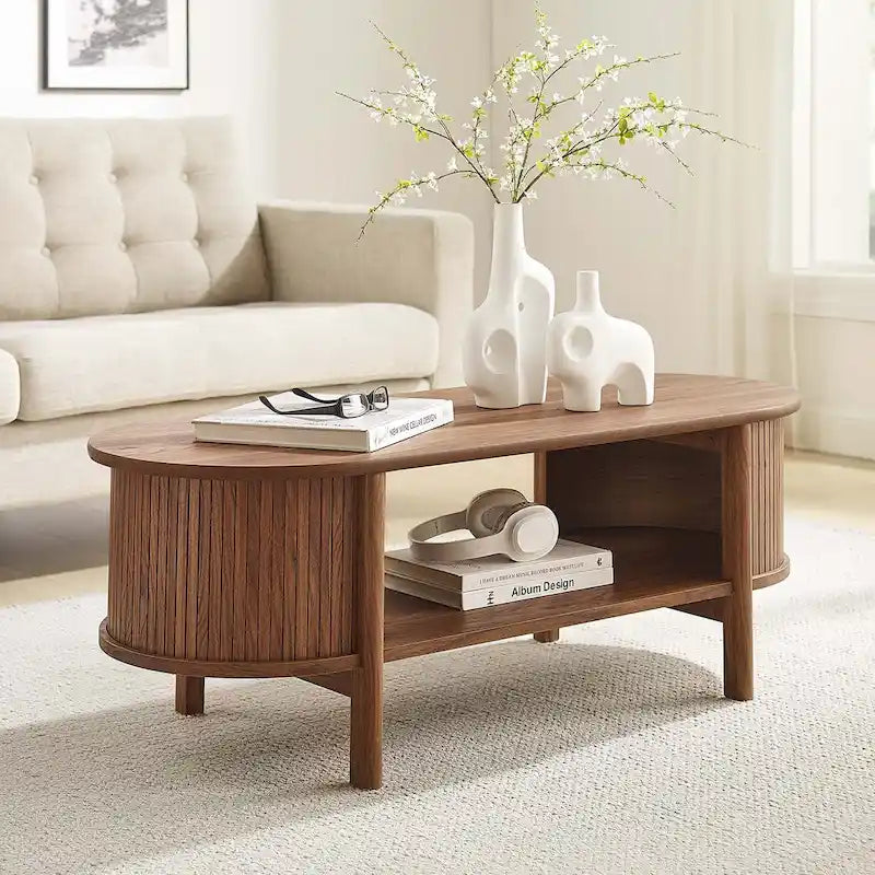 Oval Fluted Coffee Table with Open Storage Shelf