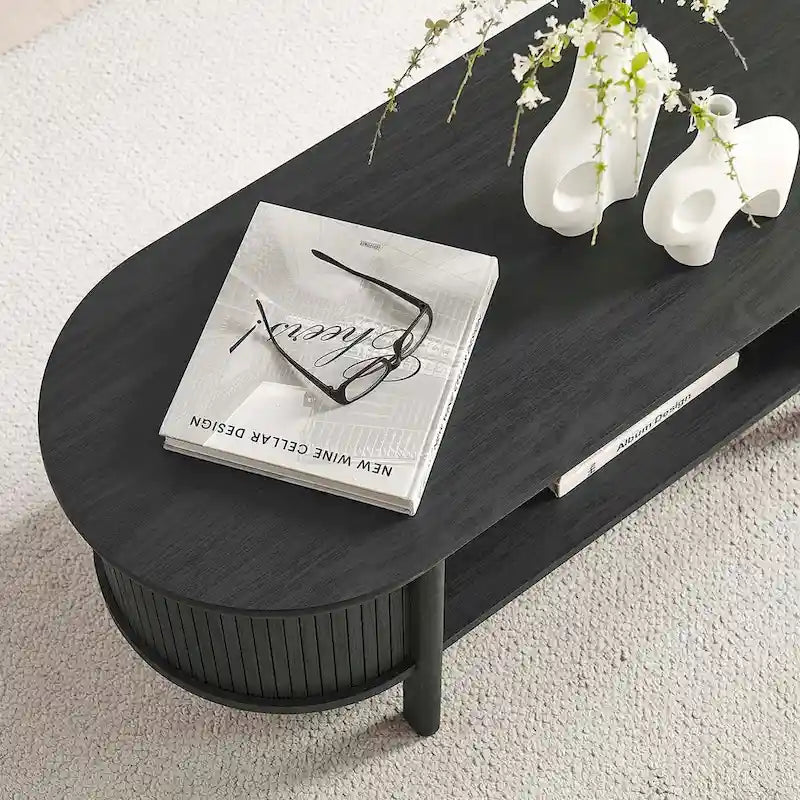 Oval Fluted Coffee Table with Open Storage Shelf