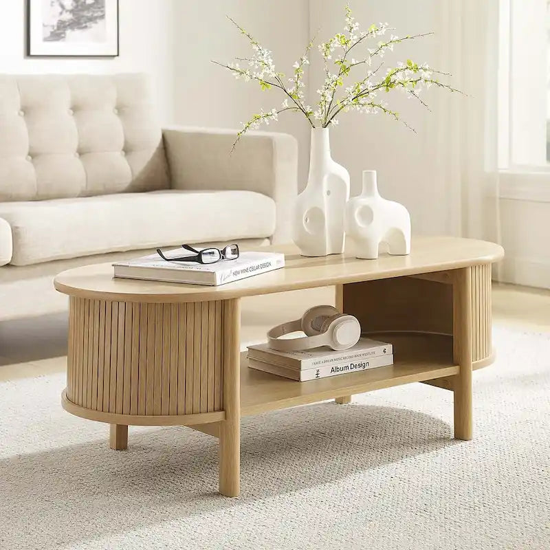 Oval Fluted Coffee Table with Open Storage Shelf