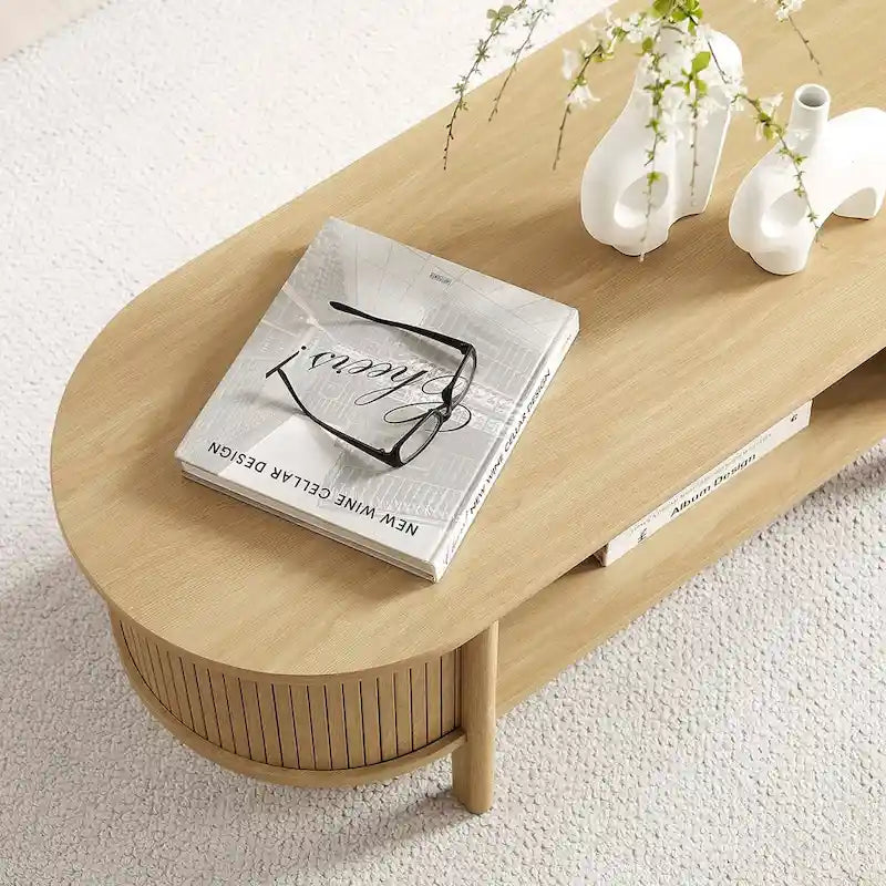Oval Fluted Coffee Table with Open Storage Shelf