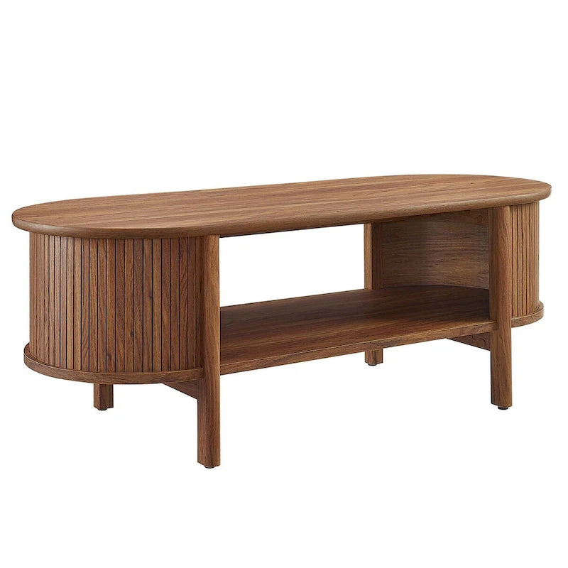 Oval Fluted Coffee Table with Open Storage Shelf