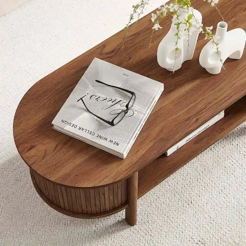 Oval Fluted Coffee Table with Open Storage Shelf