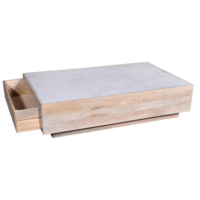 59-Inch Mango Wood Storage Coffee Table with Marble Top