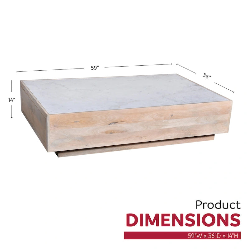 59-Inch Mango Wood Storage Coffee Table with Marble Top