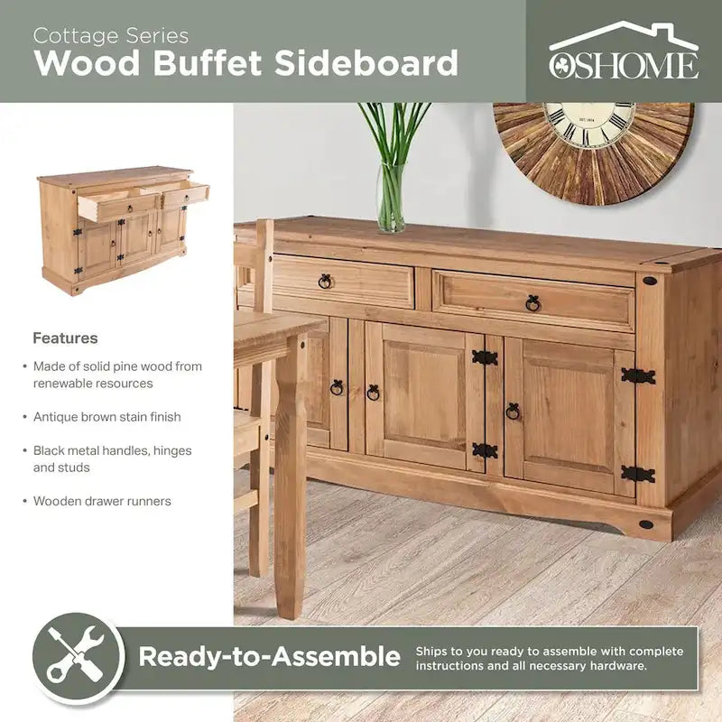 Brown Solid Pine Buffet Sideboard with Two Drawers
