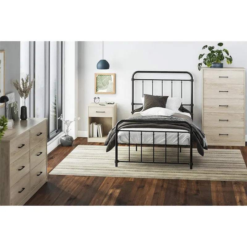 Cómoda alta com 5 gavetas e acabamento com textura de madeira