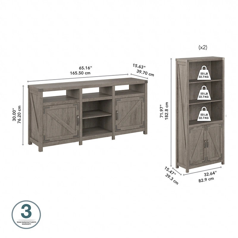 TV-Schrank im Landhausstil für 70-Zoll-Fernseher mit zwei Bücherregalen
