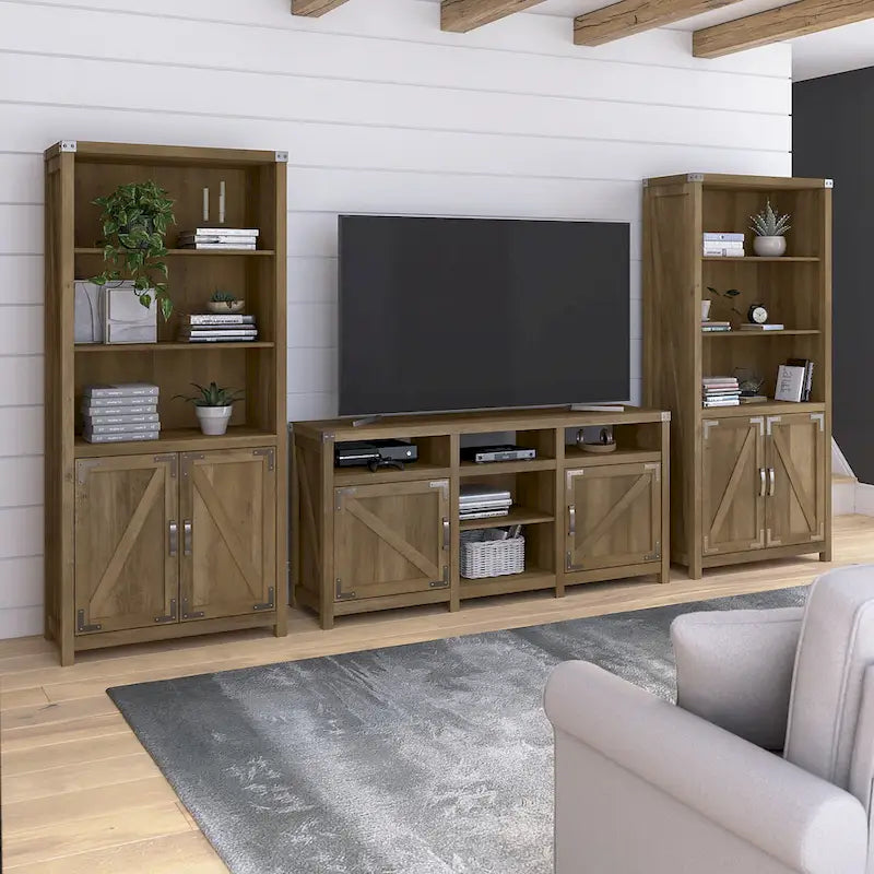 TV-Schrank im Landhausstil für 70-Zoll-Fernseher mit zwei Bücherregalen