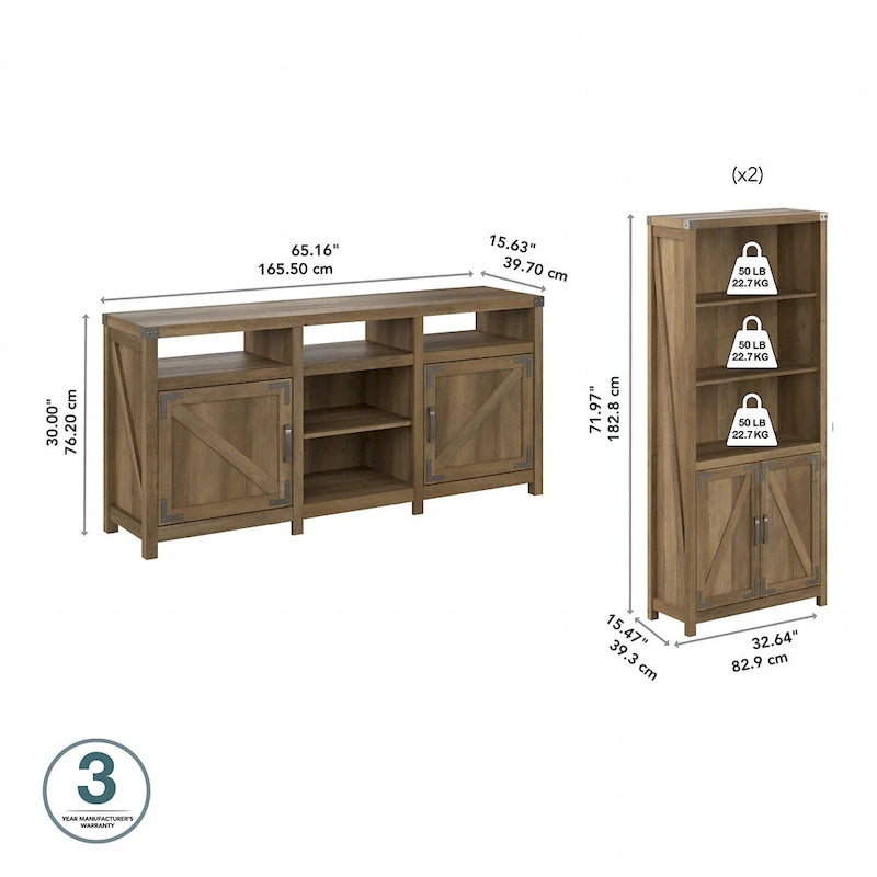 TV-Schrank im Landhausstil für 70-Zoll-Fernseher mit zwei Bücherregalen